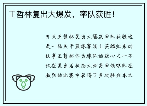 王哲林复出大爆发，率队获胜！